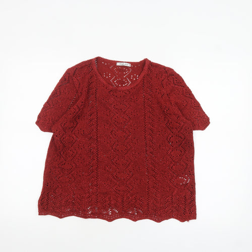 Berkertex Women Red Crochet Knit Short Sleeve Blouse Size 14