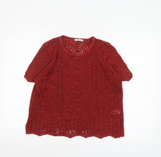 Berkertex Women Red Crochet Knit Short Sleeve Blouse Size 14