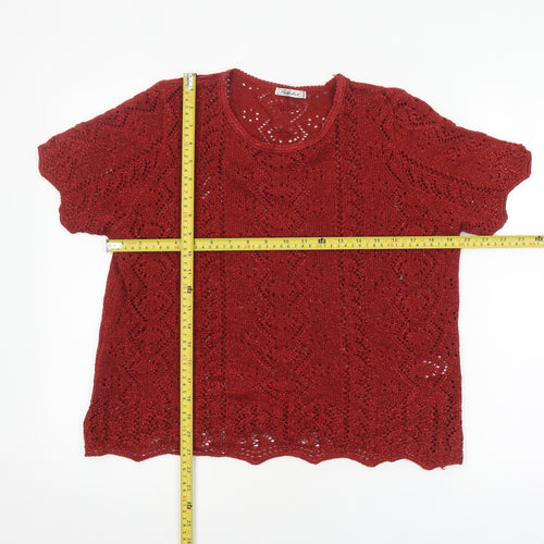 Berkertex Women Red Crochet Knit Short Sleeve Blouse Size 14