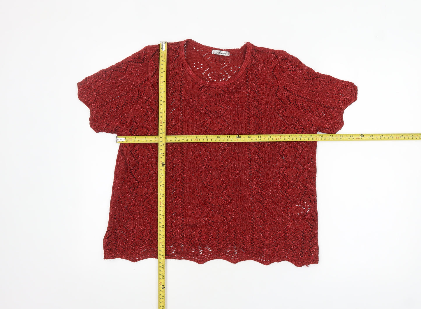 Berkertex Women Red Crochet Knit Short Sleeve Blouse Size 14