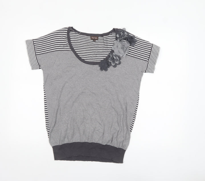 Phase Eight Women Grey Stripe Cotton Short Sleeve Pullover Jumper Size 12