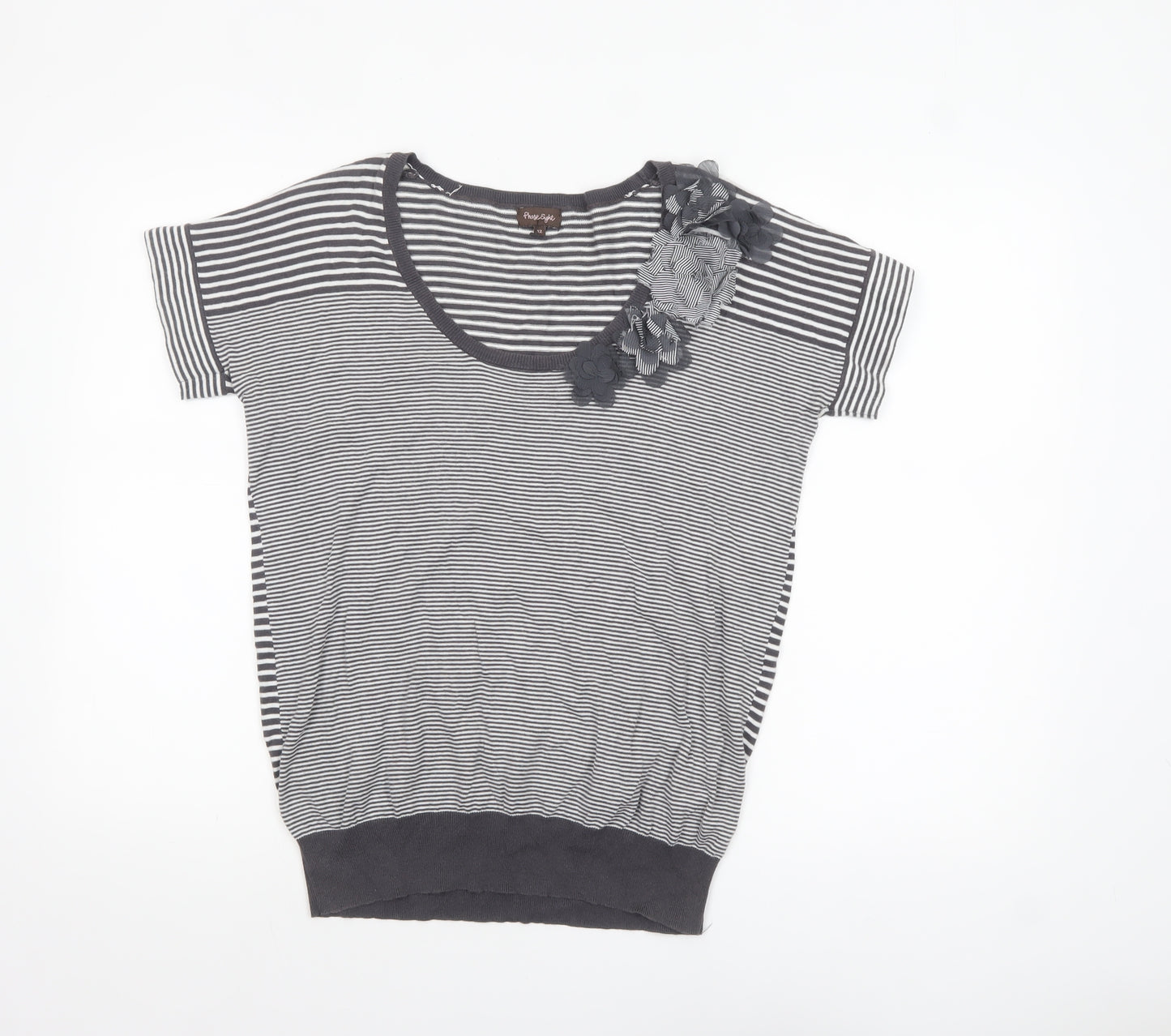 Phase Eight Women Grey Stripe Cotton Short Sleeve Pullover Jumper Size 12