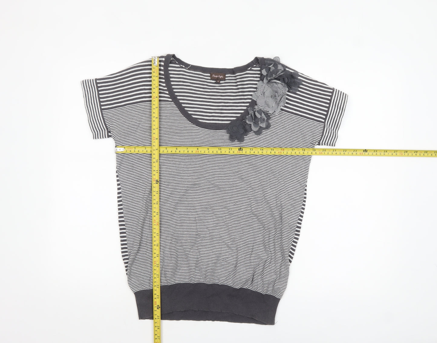 Phase Eight Women Grey Stripe Cotton Short Sleeve Pullover Jumper Size 12
