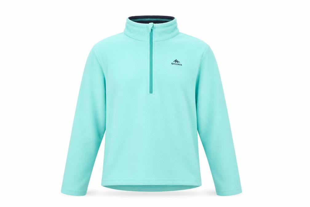 Front view of Quechua girls’ blue fleece 1/2 zip pullover sweatshirt 10-11 years