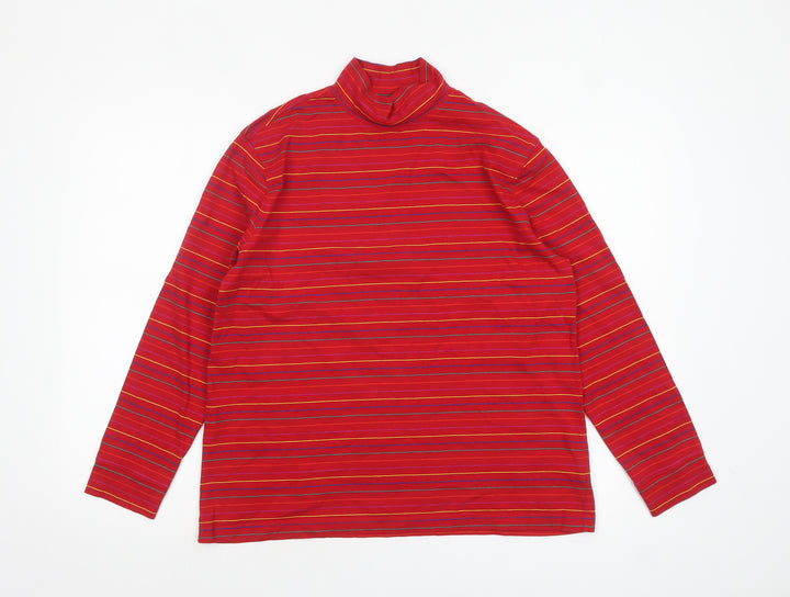 Lands' End Women's Red Striped Roll Neck Cotton Long Sleeve Top M