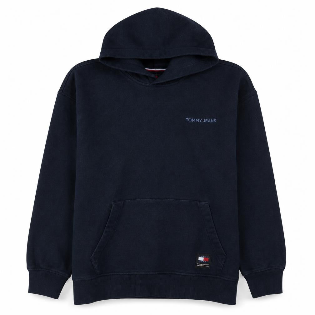 Front view of Tommy Jeans Men's Blue Pullover Hoodie, size M, Logo Cotton Sweatshirt