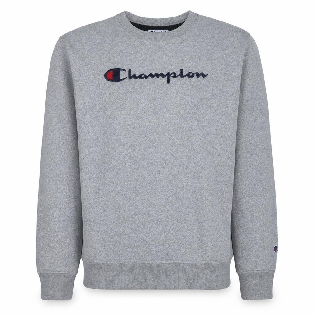 Front view of Champion Men's Grey Crew Neck Pullover Sweatshirt, size L
