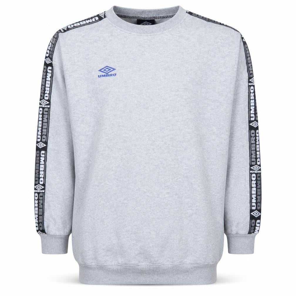 Front view of Umbro Men's Grey Logo Tape Pullover Sweatshirt, size S