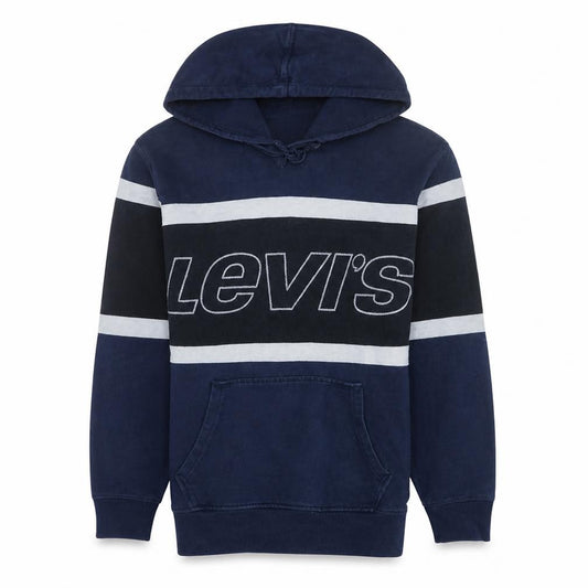 Front view of Levi's Men's Blue Pullover Hoodie M Hooded Graphic Logo Sweatshirt