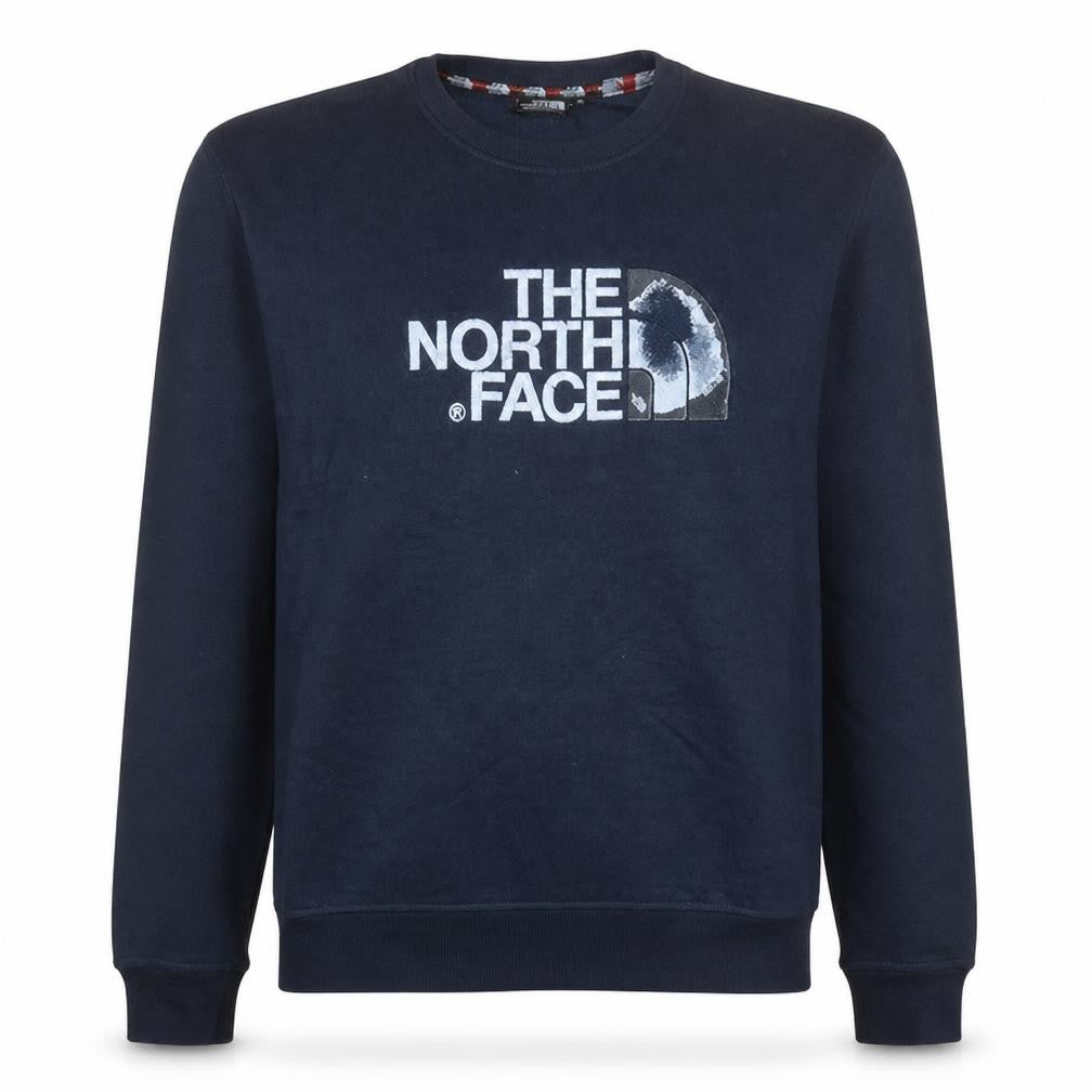 Front view of The North Face men’s blue medium pullover sweatshirt crew neck logo