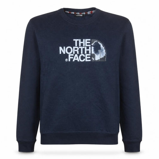 Front view of The North Face men’s blue medium pullover sweatshirt crew neck logo