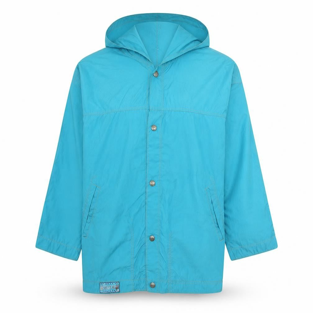 Front view of Kaya Beach Women's Blue Hooded Rain Jacket M Retro Surf Style