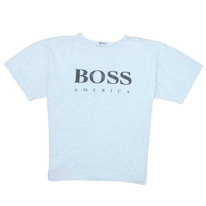 Vintage BOSS America Men's Grey Logo T-Shirt Size L Cotton