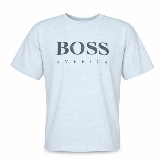 Front view of BOSS America Men's Grey Logo T-Shirt, size L, Cotton