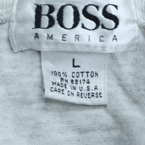 Vintage BOSS America Men's Grey Logo T-Shirt Size L Cotton