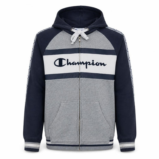 Front view of Champion Men's Grey Full Zip Hoodie M Logo Sportswear