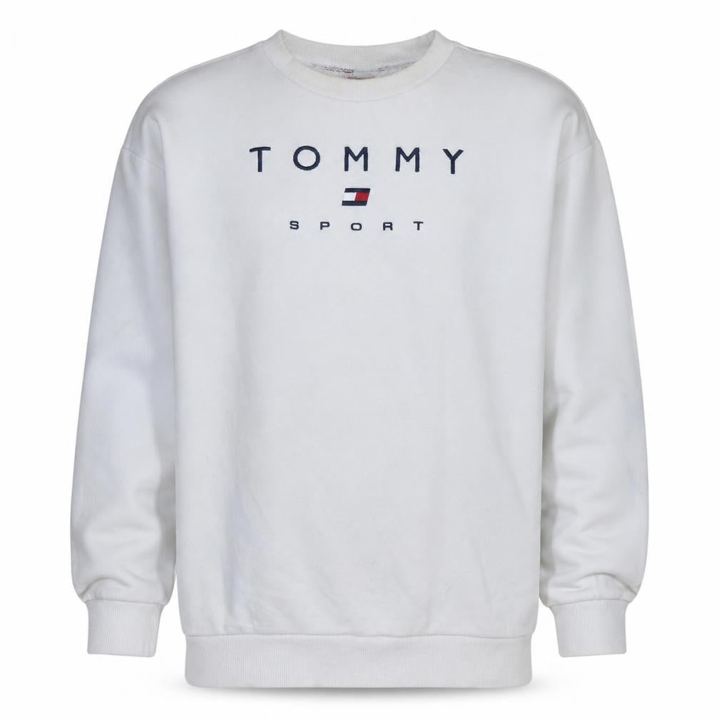 Front view of Tommy Sport Men's White Small Pullover Logo Sweatshirt