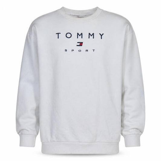 Front view of Tommy Sport Men's White Small Pullover Logo Sweatshirt