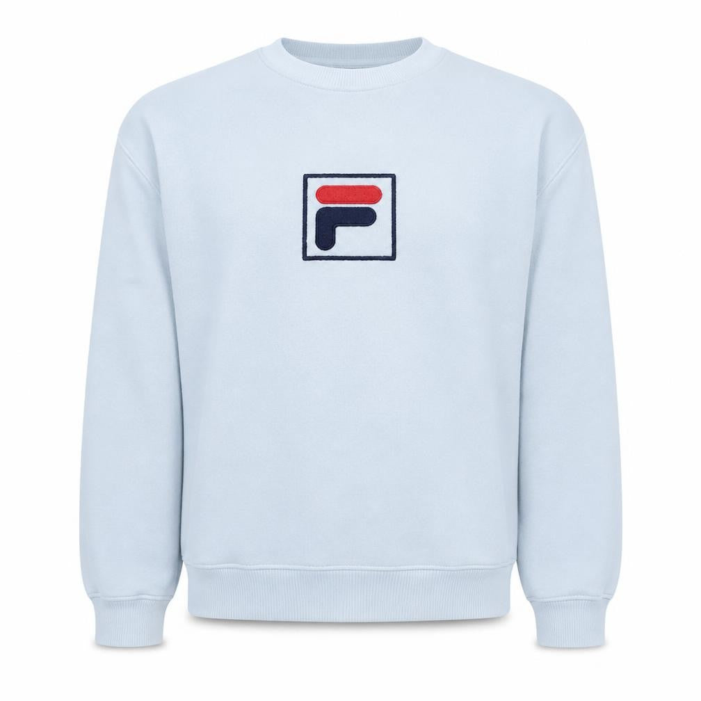 Front view of Fila Men's White Small Logo Crew Neck Pullover Sweatshirt