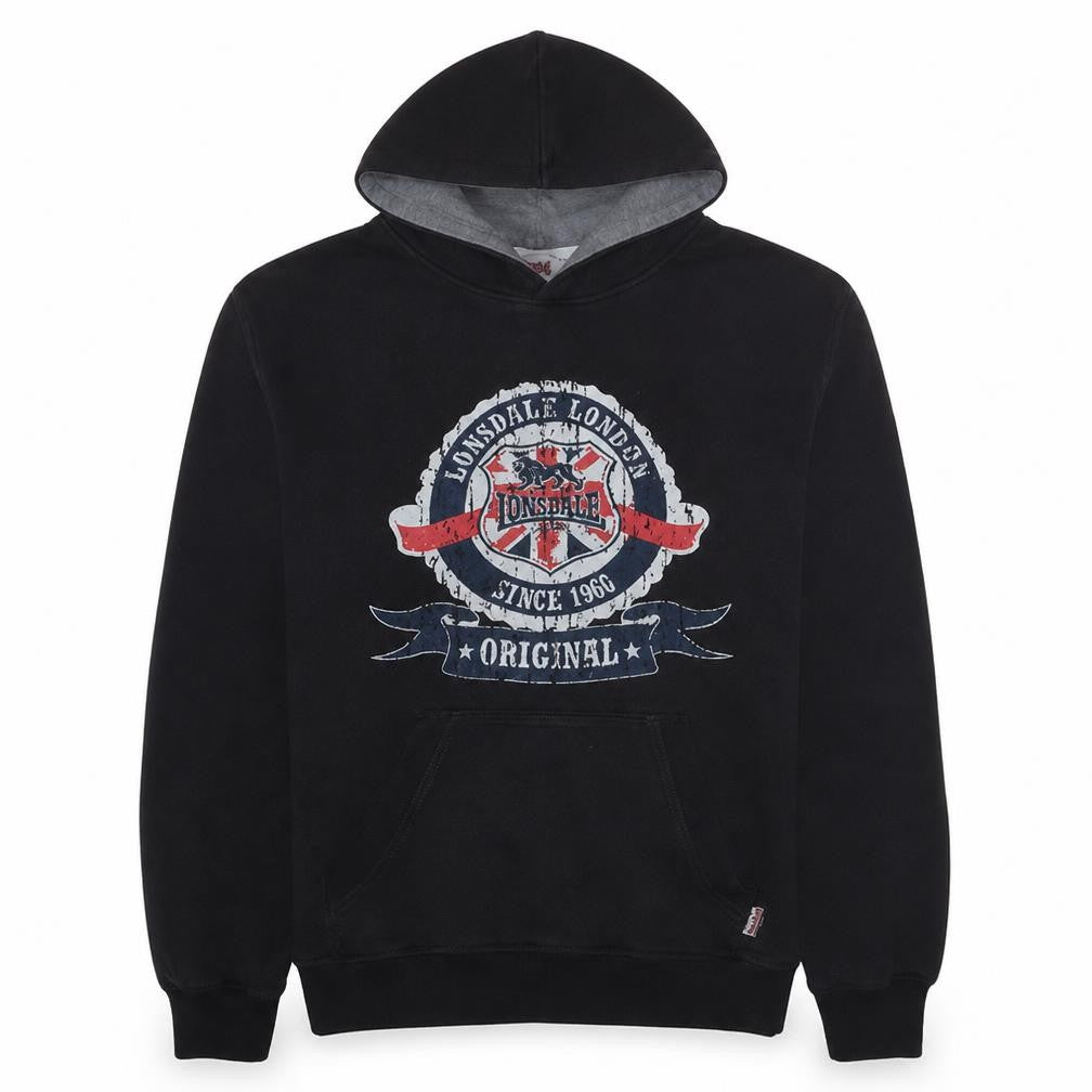 Front view of Lonsdale Men’s Black XL Pullover Hoodie With Logo Graphic Print