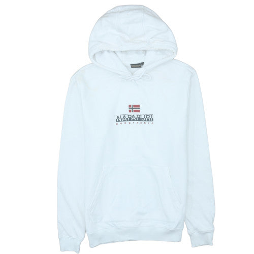 Napapijri Men’s White XL Pullover Hoodie with Logo and Kangaroo Pocket