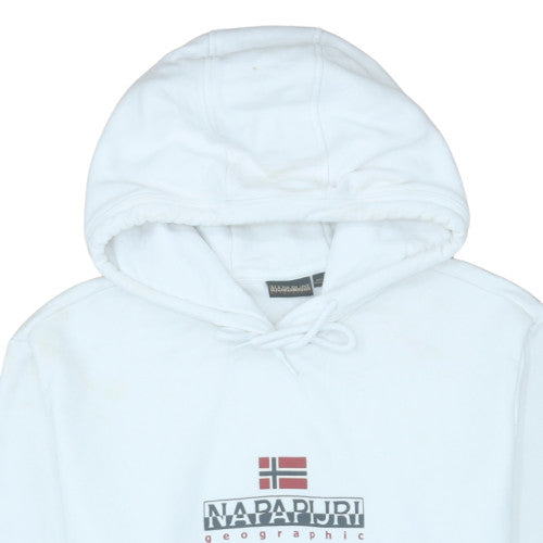 Napapijri Men’s White XL Pullover Hoodie with Logo and Kangaroo Pocket