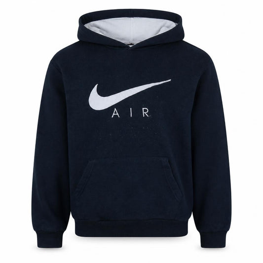 Front view of Nike Men's Blue Air Logo Pullover Hoodie, size M, Vintage Sportswear