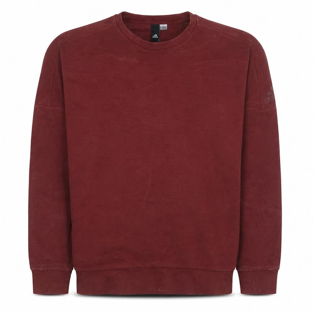 Front view of Adidas men’s red crew neck pullover sweatshirt, size L