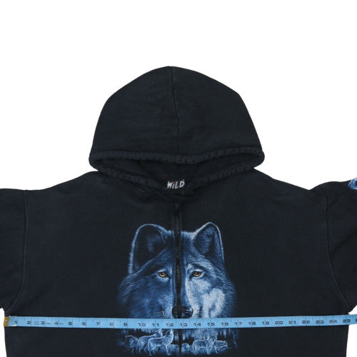 Wild Mens Black XL Full Zip Hoodie Wolf Graphic Cotton Sweatshirt