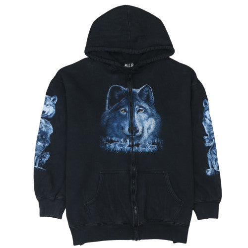 Wild Mens Black XL Full Zip Hoodie Wolf Graphic Cotton Sweatshirt