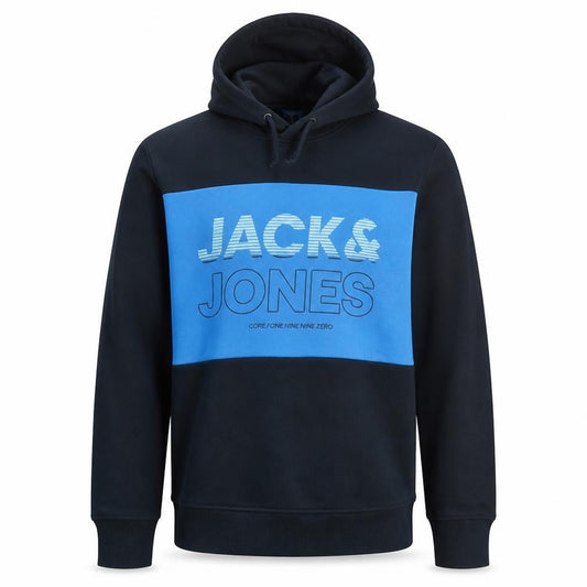 Front view of Jack & Jones Men's Blue Pullover Hoodie Core Graphic Print, size M