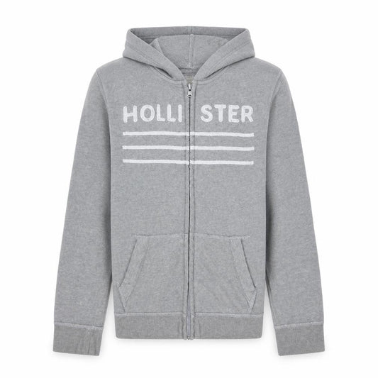Front view of Hollister Men's Grey Full Zip Hoodie, size S, Classic Fleece