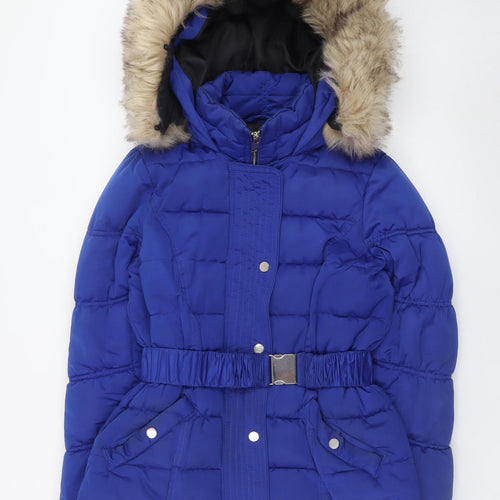 River Island Womens Blue Puffer Jacket Size 8 Hooded Belted Winter Coat