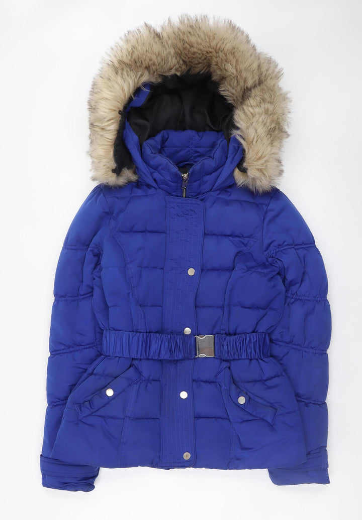 River Island Womens Blue Puffer Jacket Size 8 Hooded Belted Winter Coat