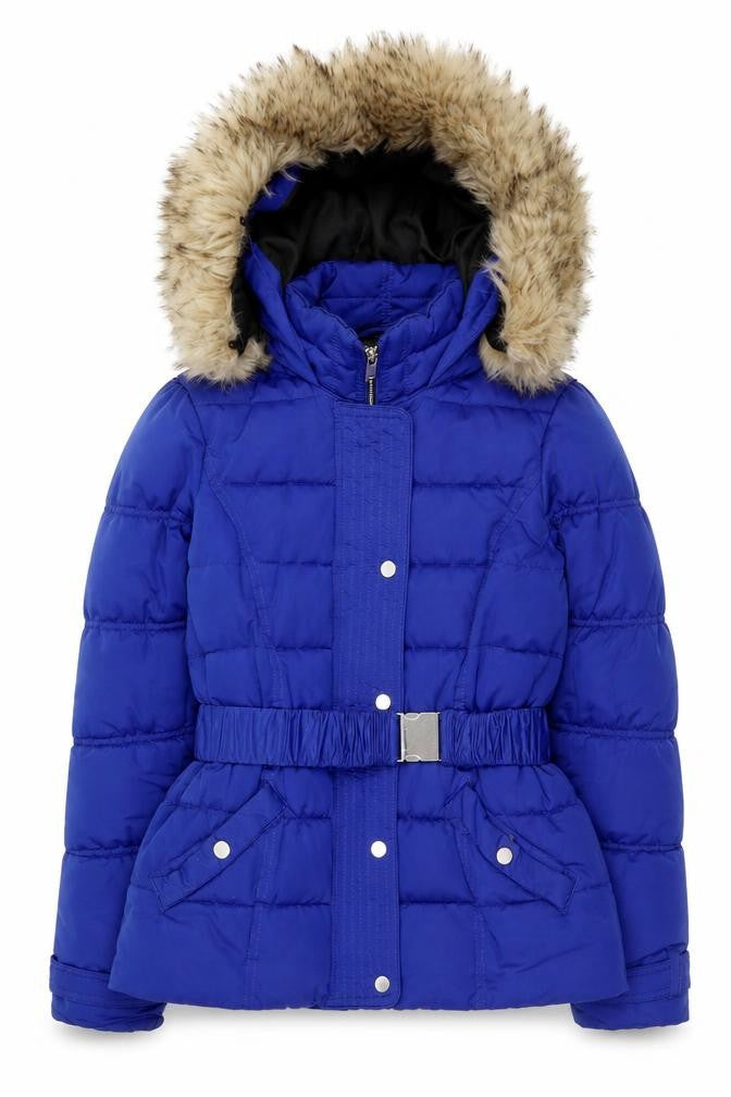 Front view of River Island women’s blue puffer jacket, size UK 8, hooded belted winter coat