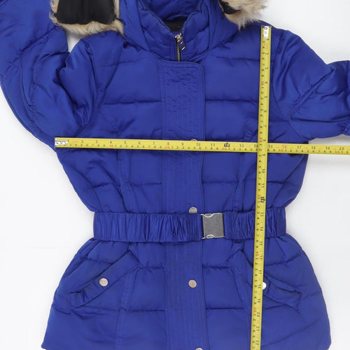 River Island Womens Blue Puffer Jacket Size 8 Hooded Belted Winter Coat