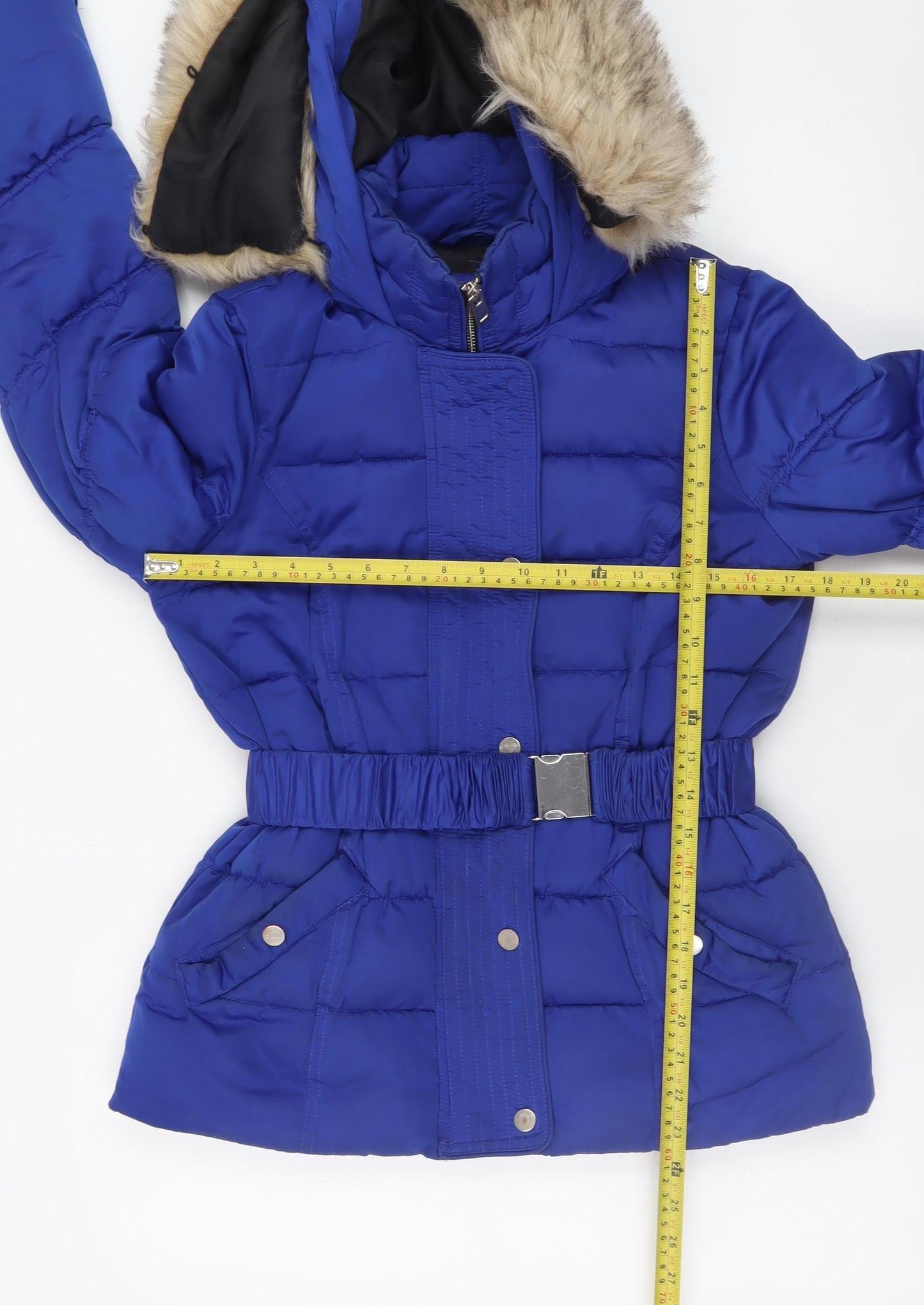 River Island Womens Blue Puffer Jacket Size 8 Hooded Belted Winter Coat