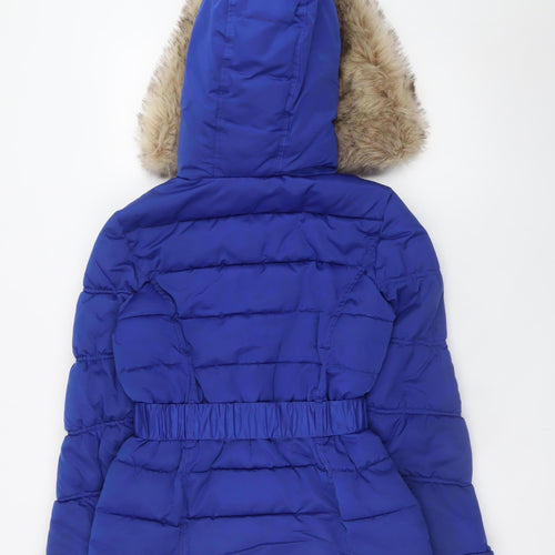 River Island Womens Blue Puffer Jacket Size 8 Hooded Belted Winter Coat