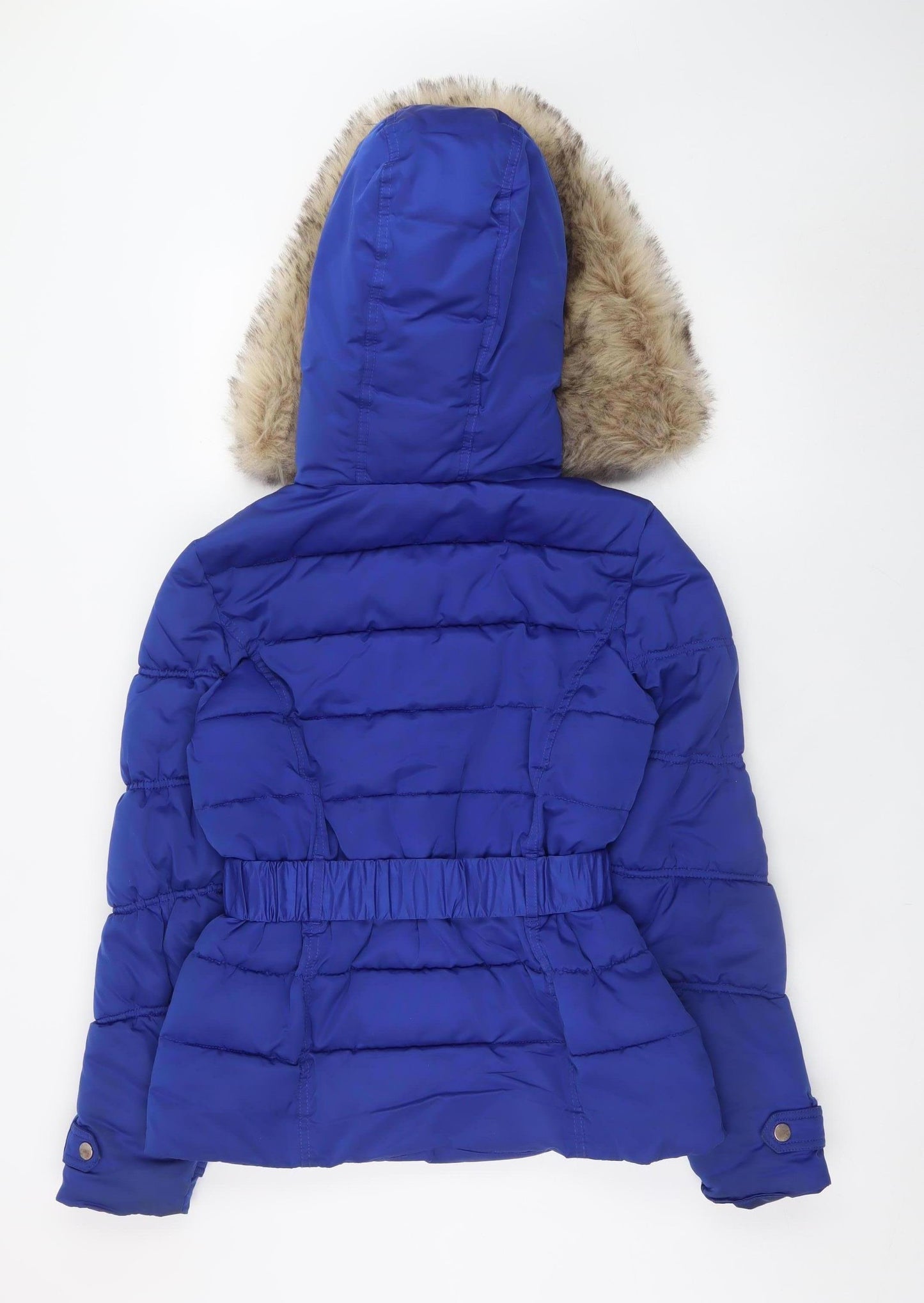 River Island Womens Blue Puffer Jacket Size 8 Hooded Belted Winter Coat
