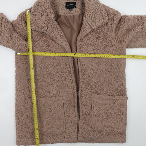 Brave Soul Women's Beige Teddy Fleece Mid-Length Zip Coat Size 12