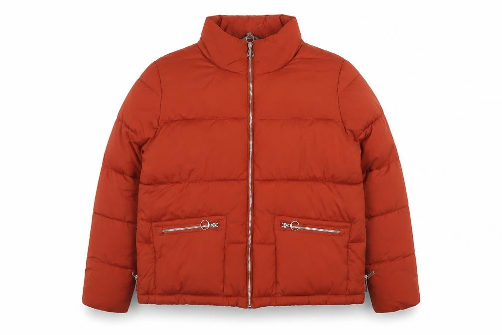 Front view of Principles Women’s Rust Puffer Jacket, size UK 16, Polyester Lined Zip Pockets