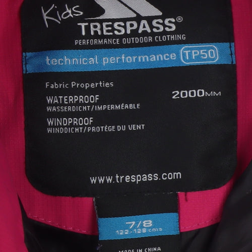 Trespass Girls Pink Hooded Puffer Coat 7-8 Years Waterproof Winter Jacket
