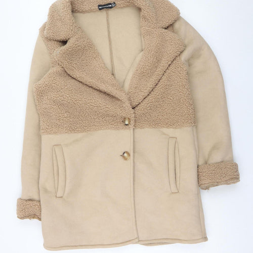 PrettyLittleThing Womens Beige Teddy Coat Size 10 Mid-Length Fleece