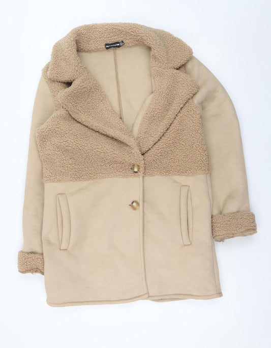 PrettyLittleThing Womens Beige Teddy Coat Size 10 Mid-Length Fleece