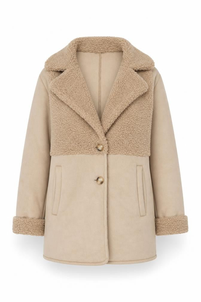 Front view of PRETTYLITTLETHING women’s beige teddy coat, size UK 10, mid-length fleece