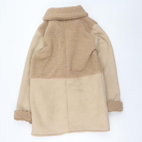 PrettyLittleThing Womens Beige Teddy Coat Size 10 Mid-Length Fleece