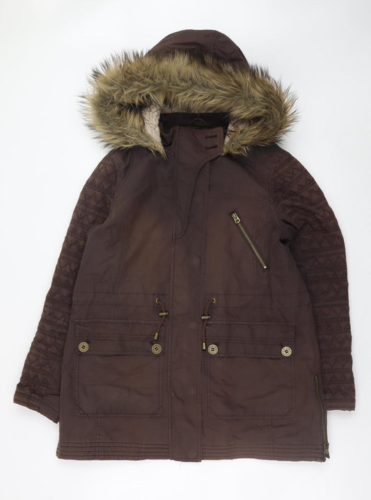 Mantaray Women Brown Faux Fur Hooded Parka Coat Size 12