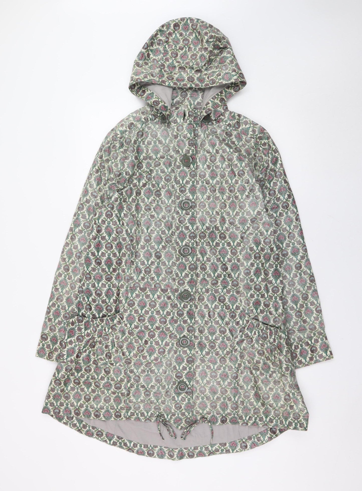 Avoca Womens Green Floral Hooded Rain Coat Size 10 Button Waterproof Jacket