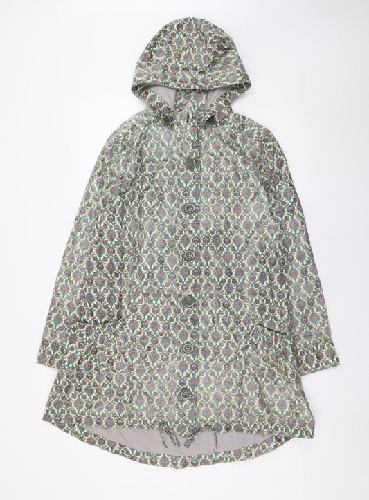 Avoca Womens Green Floral Hooded Rain Coat Size 10 Button Waterproof Jacket