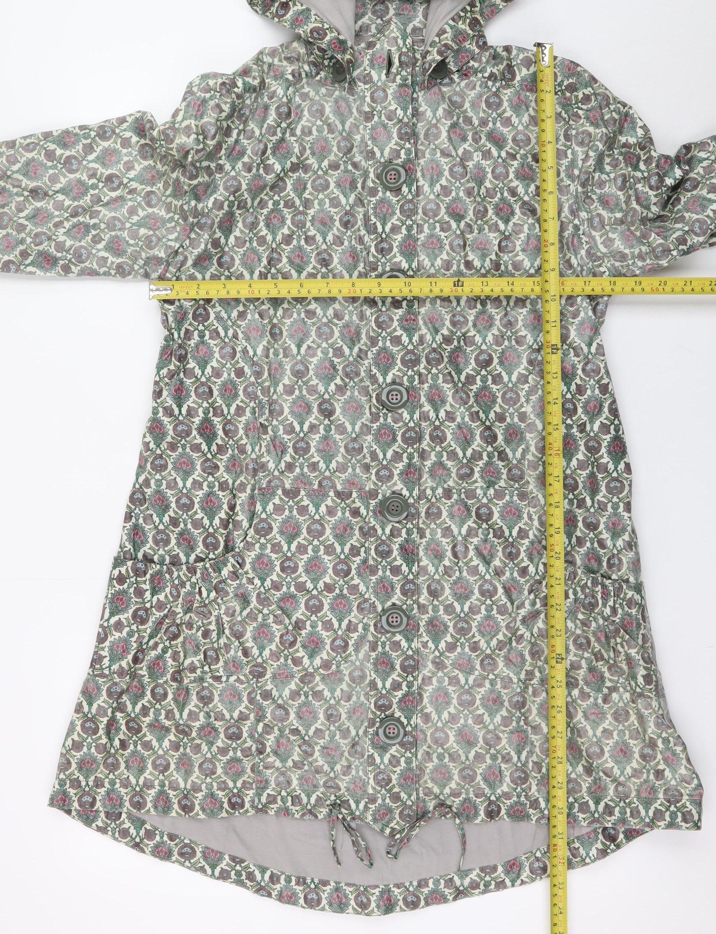 Avoca Womens Green Floral Hooded Rain Coat Size 10 Button Waterproof Jacket